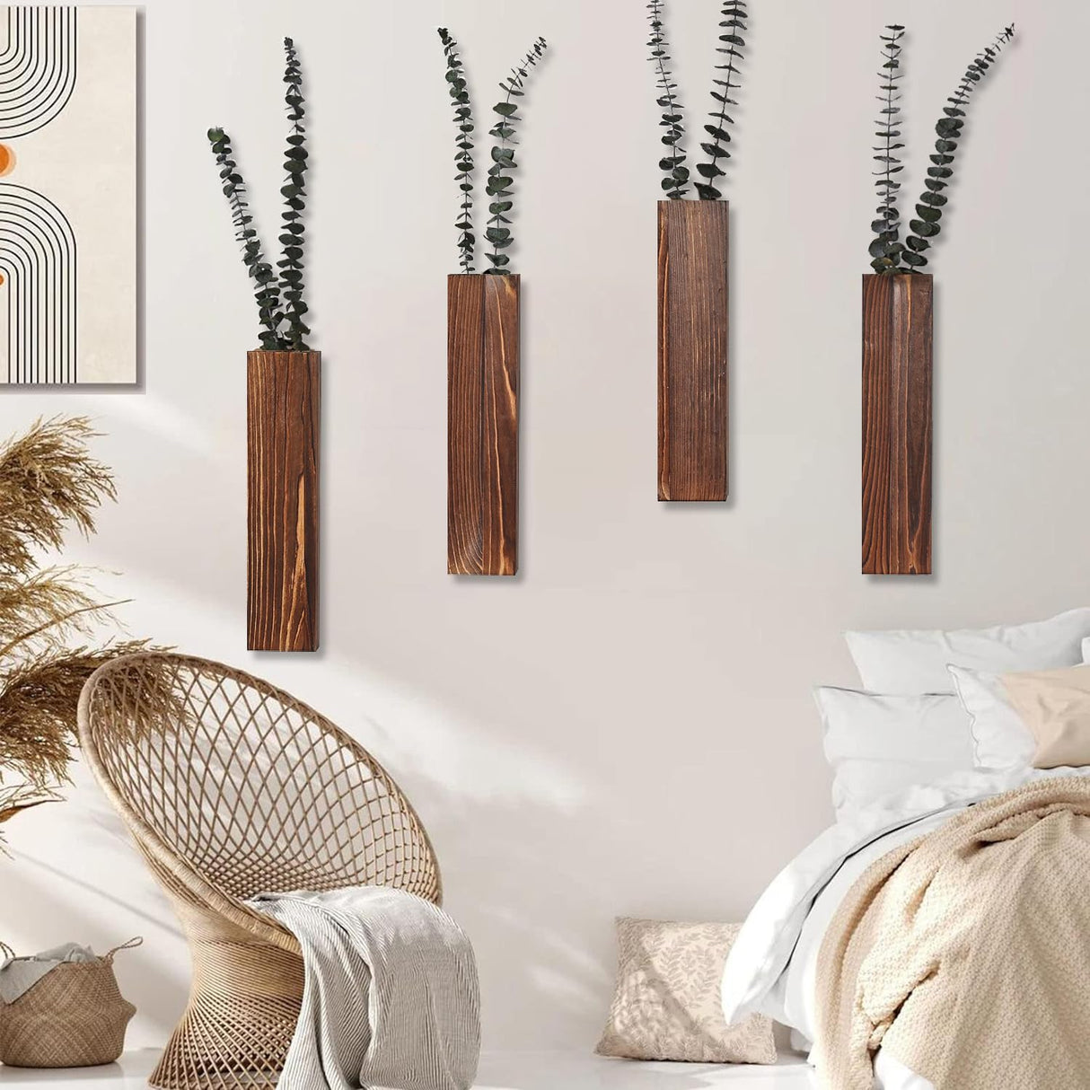 Sawoake Wooden Wall Planter Set of 4 - Modern Home Decor for Living Room, Bedroom, Bathroom - Walnut Finish Planter for Dried Flowers, Faux Greenery, Indoor Plants Sawoake