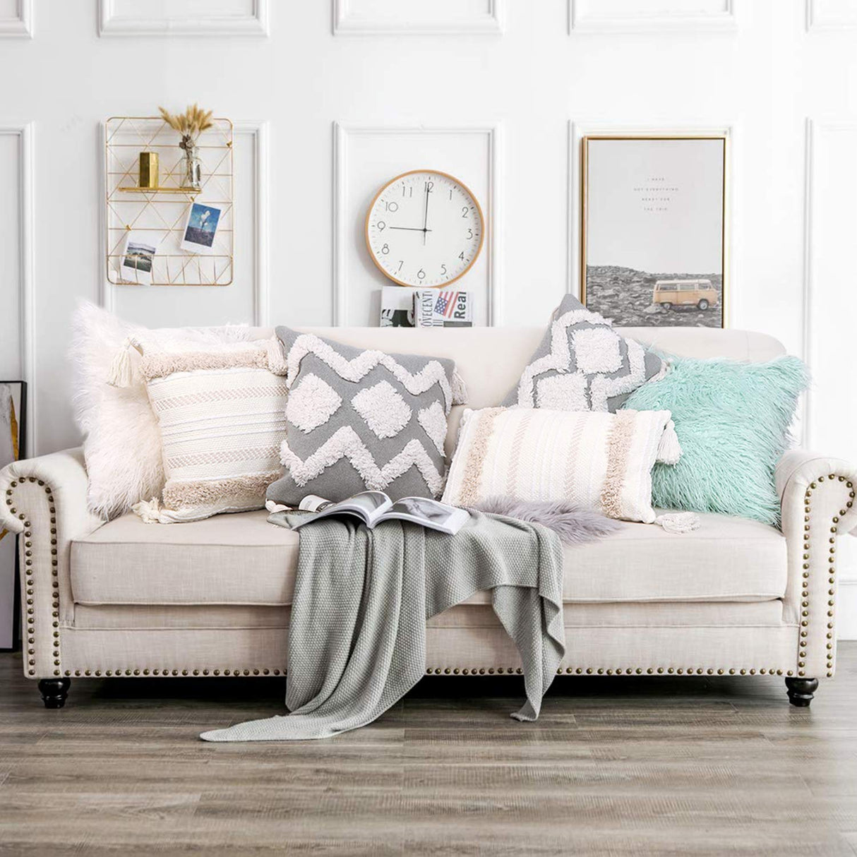 OJIA Lumbar Decorative Boho Throw Pillow Cover, 12 x 20 Farmhouse Cute Pillowcase Minimalist Neutral Collection Cream White Tufted with Tassels Woven Cushion Cover for Sofa Couch Bedroom Living Room OJIA