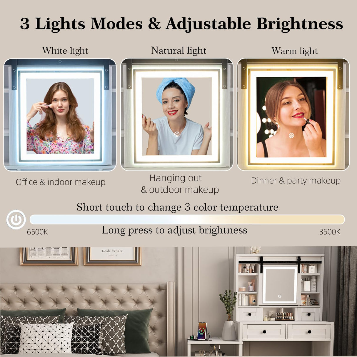 MECHYIN Vanity Desk with Sliding Mirror and Lights, 49'' Farmhouse Makeup Vanity with Nightstand & Power Outlet, Vanity Table with Drawers, Storage Shelves, Dressing Table Set with Stool for Bedroom MECHYIN