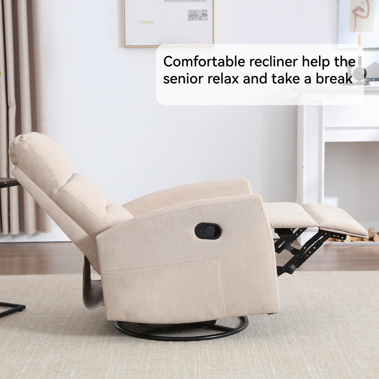 PELUMY Manual Recliner Chair with 360° Swivel & Rocking, Fabric Recliner for Living Room, Bedroom, Nursery, No Tools Assembly, 155° Recline, Compact for Small Spaces（Beige） PELUMY