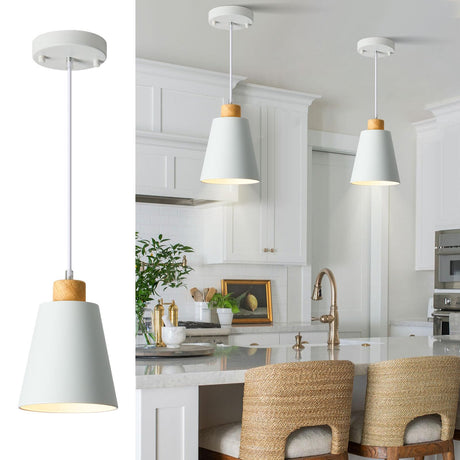 FISGONI White Pendant Light Kitchen Island Wood Pendant Lighting Mini Modern Hanging Light Small Pendant Light Fixture for Dining Room,Bar,Bedroom,Adjustable Cord,5.94 inch,1 PCS FISGONI