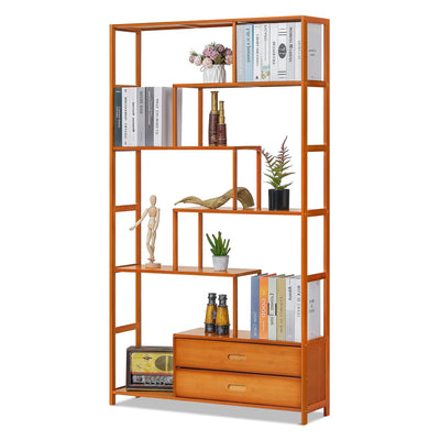 Magshion 6-Tier Bookshelf with 2 Drawers, Ladder Bookshelf with Cabinet Tall Narrow Bookcase, Bamboo Open Book Case Chinese Vintage Display Etagere Freestanding Books Shelves, Brown
