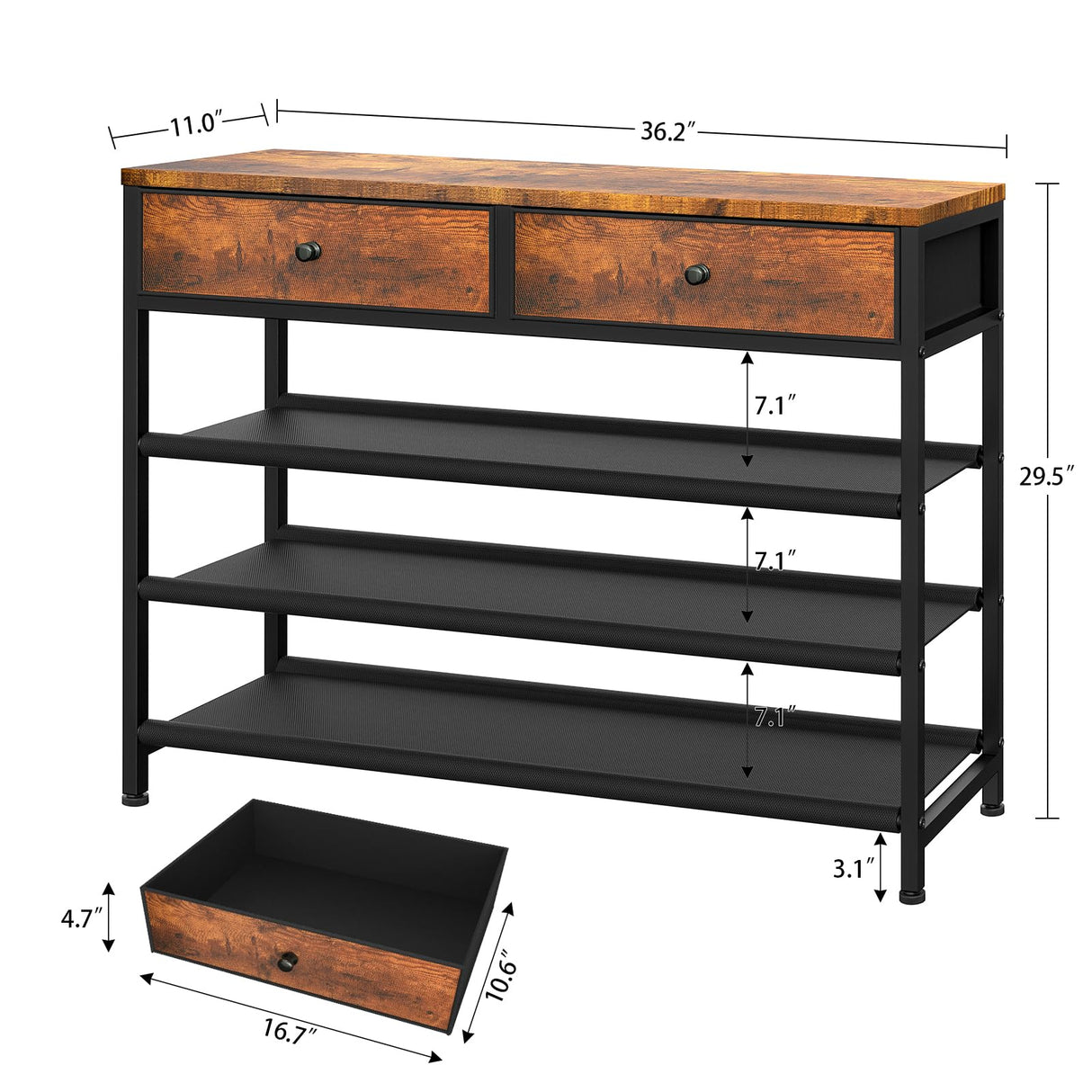 usikey Shoe Rack, 4 Tier Shoe Storage Organizer with 2 Drawers, Metal Shoe Shelf for 12-15 Pairs of Shoes, with 3 Fabric Shelves and Wooden Top, Shoe Stand for Closet Entryway, Rustic Brown usikey