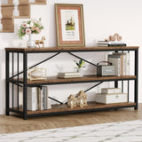 HSH Low Bookshelf, Industrial Wood 3 Tier Extra Long Horizontal Bookcase, Wide Open Metal Large Book Shelf for Bedroom Living Room, Rustic Brown, 70 Inch HSH