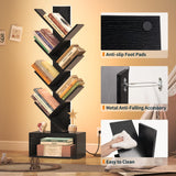 Yoobure Tree Bookshelf with LED Light, 6 Tier Book Shelf, Small Bookcase Narrow Bookshelves with Storage, Wood Book Case Organizer for CDs/Books, Floor-Standing Rack for Bedroom, Office, Black Yoobure