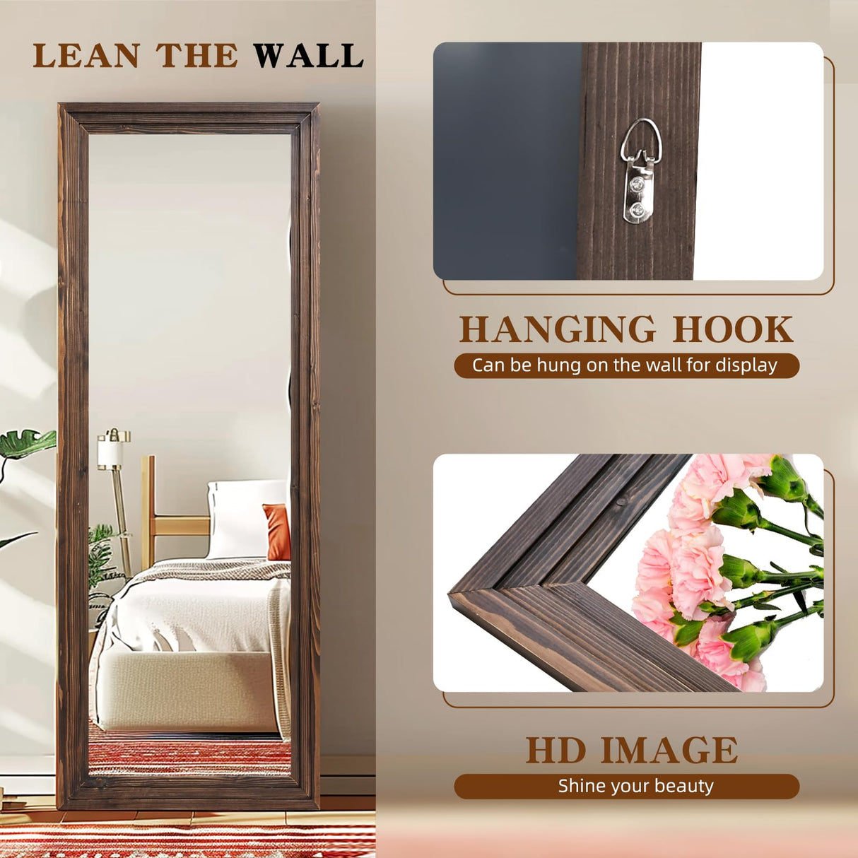 ABSWHLM Full Length Mirror 65"x24" Solid Wood Frame Floor Large Mirror for Living Room, Bedroom Hanging or Leaning Wall-Mounted, Brown ABSWHLM