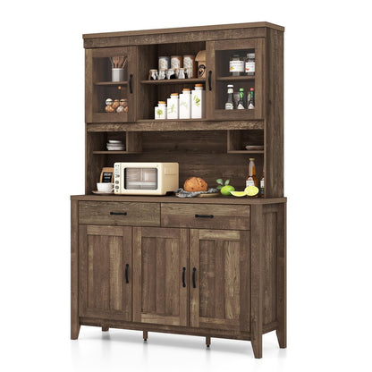 Byroce Kitchen Pantry Cabinet, Farmhouse 78.5” Tall Storage Cabinet w/Countertop, Adjustable Shelves & Drawers, Microwave Shelf w/Hutch, Wooden Buffet Sideboard w/Tempered Glass Doors, Rustic - WoodArtSupply