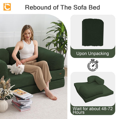 COMAX Futon Sofa Bed, 4-in-1 Floor Foldable Sofa Couch Bed Queen with L-Shaped Armrests, Convertible Folding Chair Bed Sleeper Mattress Fold Out Comfy Lounge for Living Room Bedroom, Green COMAX