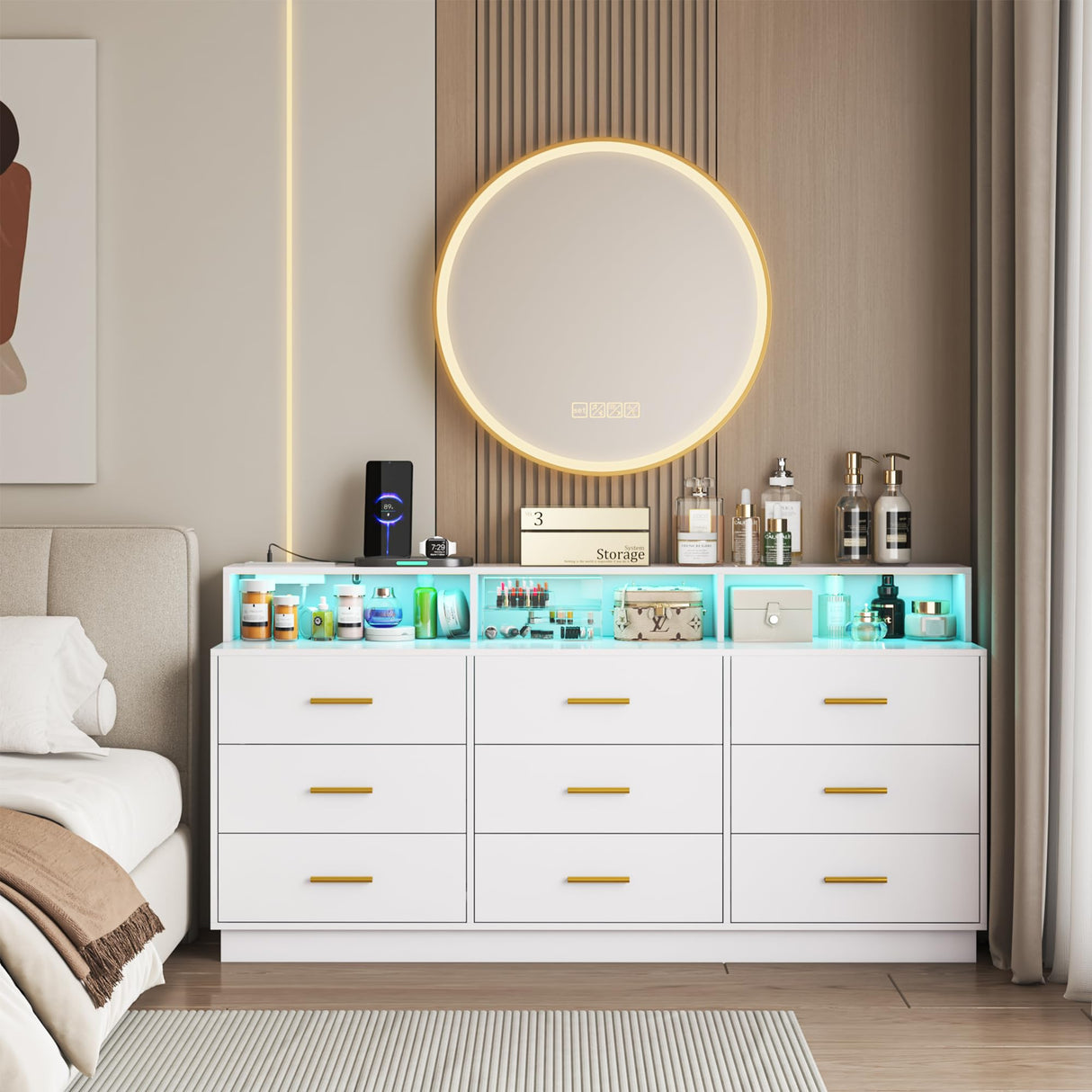 knoworld White 9 Drawer Dressers for Bedroom, Modern Large Dresser with LED Light and Power Outlet, Wooden Long Dresser, Triple Dresser for Bedroom, Living Room, Entryway, Hallway knoworld