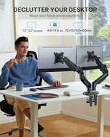 HUANUO Dual Monitor Stand - Full Adjustable Monitor Desk Mount Swivel Vesa Bracket with C Clamp, Grommet Mounting Base for 13 to 32 Inch Computer Screens - Each Arm Holds 4.4 to 19.8lbs HUANUO