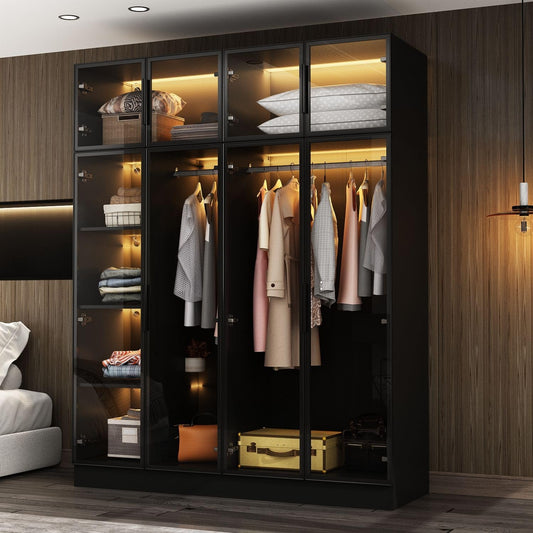 FAMAPY Large Glass Wardrobe Closet with Lights, Amoire Wardrobe with Glass Doors and Shelves, Armoire Wardrobe Closet with 2 Hanging Rods, Black (59.1”W x 19.7”D x 74.8”H)