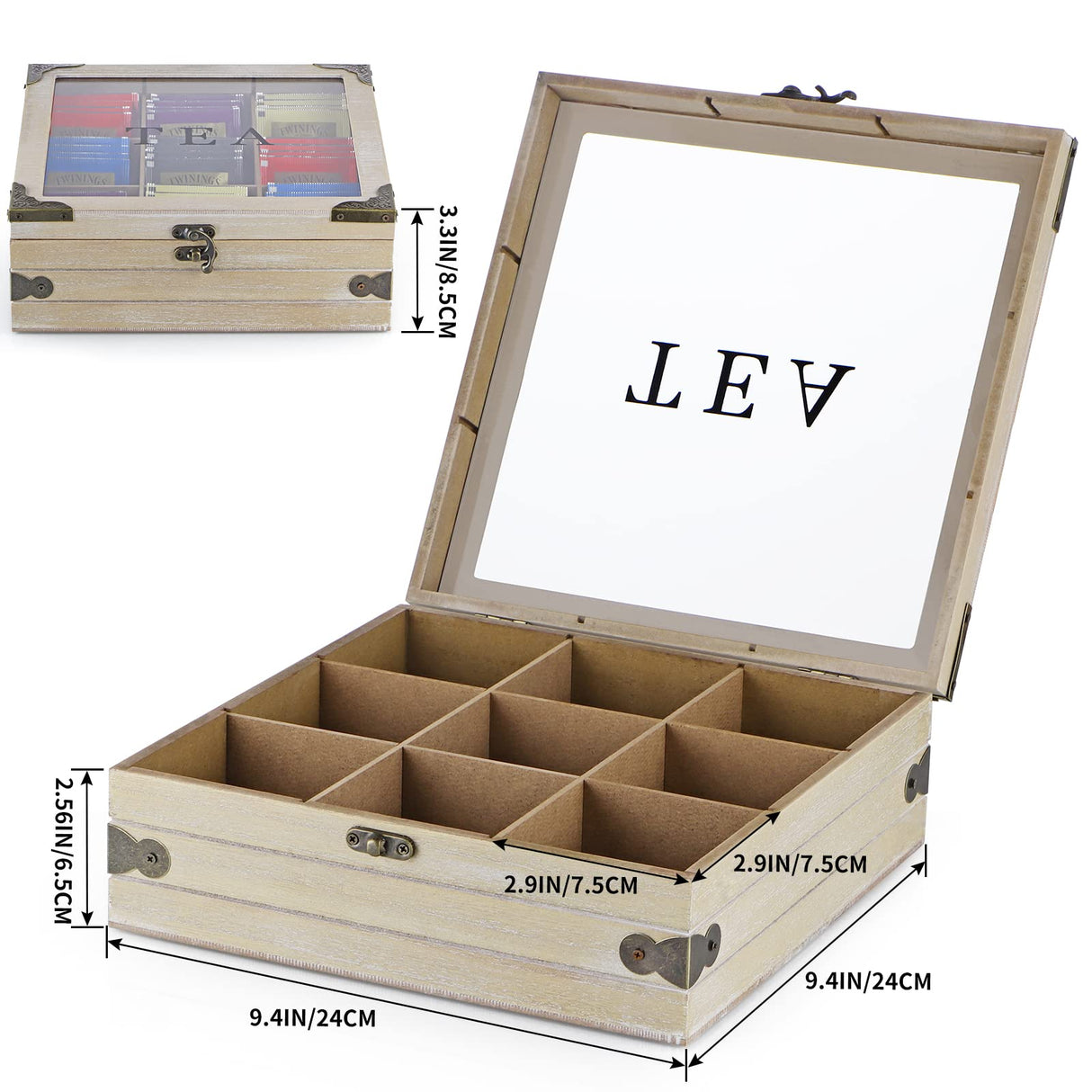 MOLIGOU Wood Tea Box Organizer, Tea Storage Chest with Glass Lid, 9 Compartments, Tea Bag Holder for Cabinet, Pantry MOLIGOU