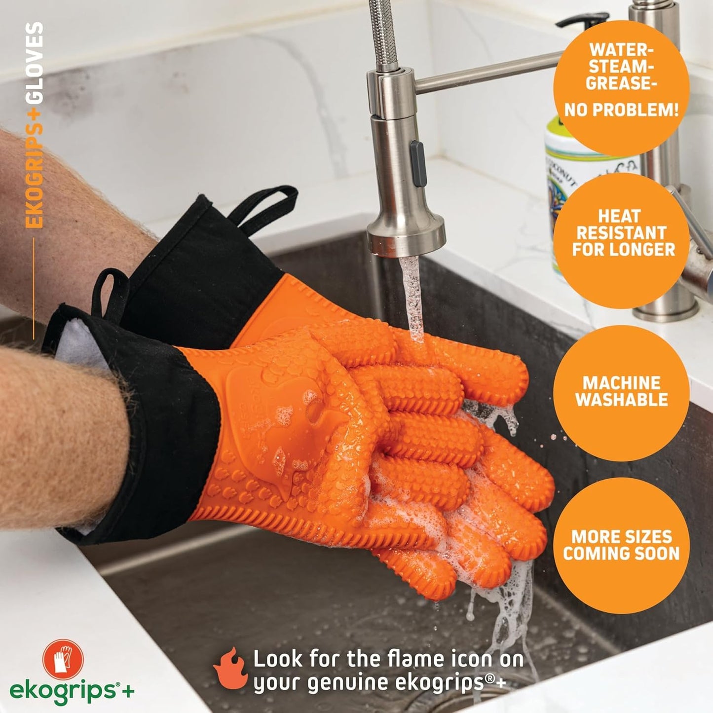 Ekogrips+ Oven Gloves with Fingers, Comfy Waterproof Heat Resistant Cooking Gloves -Long Cuff and Good Dexterity, Silicone Oven Mitts, Insulated BBQ Gloves, Outdoor Grill Gloves, Orange, OSFM