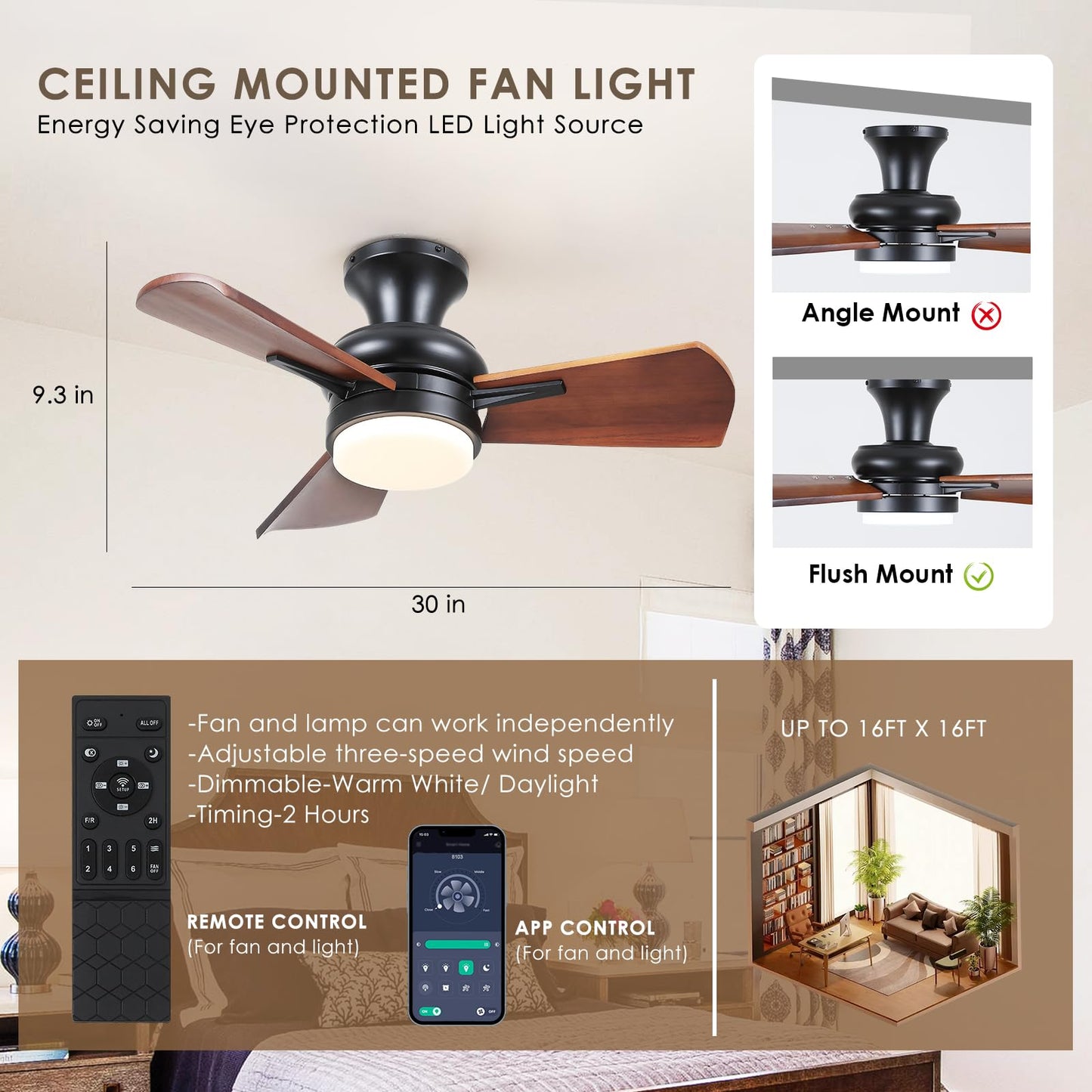 Mpayel Wood Ceiling Fans with Lights - 30" Small Flush Mount Ceiling Fans with 3 Wood Blades and Remote/APP Control, Stepless Dimming and Reversible, Low Profile Ceiling Fan Lights for Bedroo - WoodArtSupply