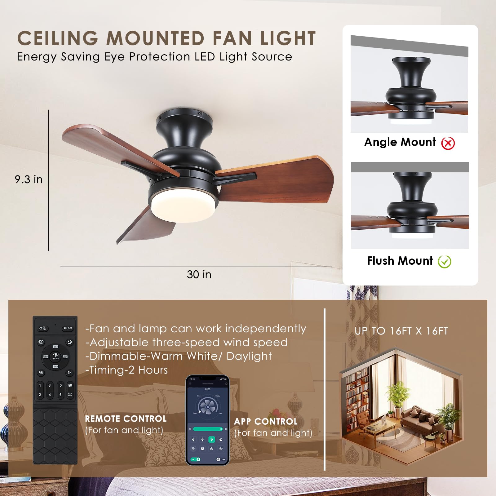 Mpayel Wood Ceiling Fans with Lights - 30" Small Flush Mount Ceiling Fans with 3 Wood Blades and Remote/APP Control, Stepless Dimming and Reversible, Low Profile Ceiling Fan Lights for Bedroo - WoodArtSupply