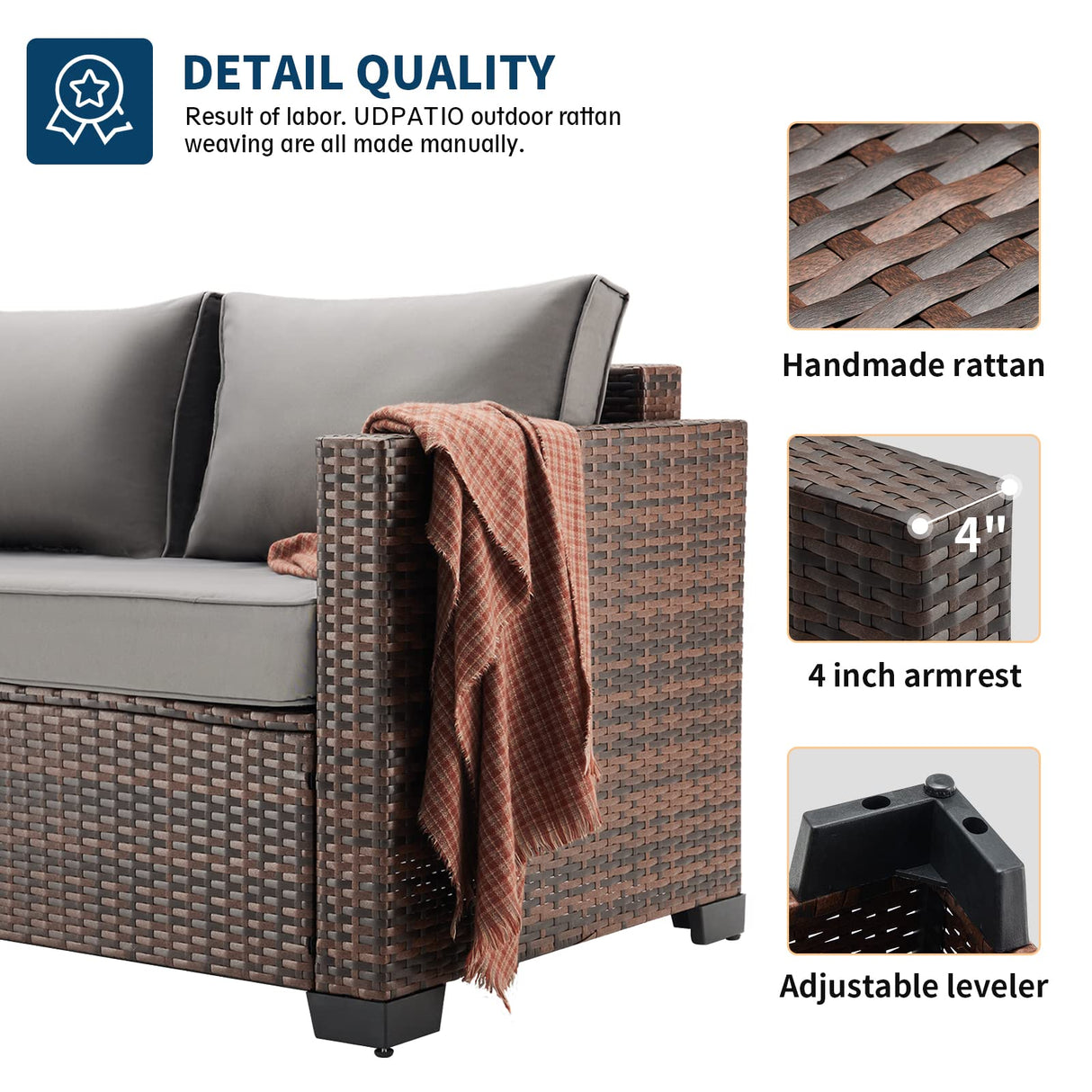 UDPATIO 4 Piece Patio Furniture Set, Wicker Patio Set with Storage Coffee Table and Dark Grey Cushions, Outdoor Patio Furniture for Porch Balcony UDPATIO