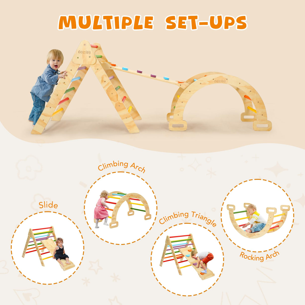 CoziBB Pikler Triangle Set, Montessori Toddler Climbing Toys Indoor, 5 in 1 Wooden Foldable Climbing Set with Arch Ramp, Triangle Climber, Pikler Triangle Gym Inside for Kids 2-4, Rainbow CoziBB