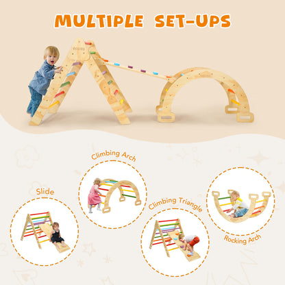 CoziBB Pikler Triangle Set, Montessori Toddler Climbing Toys Indoor, 5 in 1 Wooden Foldable Climbing Set with Arch Ramp, Triangle Climber, Pikler Triangle Gym Inside for Kids 2-4, Rainbow