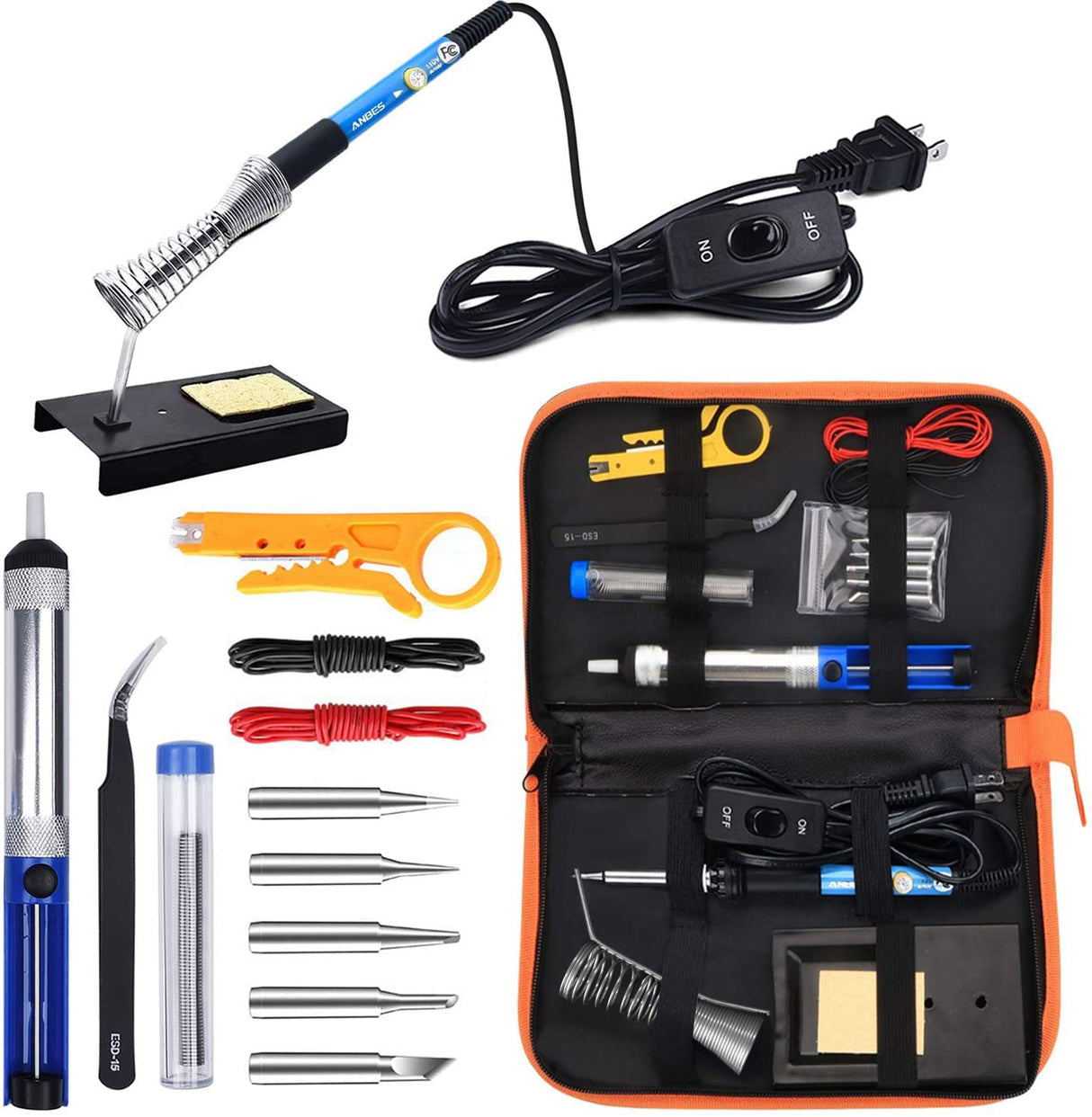 ANBES Soldering Iron Kit Electronics, 60W Adjustable Temperature Welding Tool, 5pcs Soldering Tips, Desoldering Pump, Soldering Iron Stand, Tweezers ANBES
