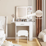 Fameill Vanity Desk with Mirror and Lights, Small Makeup Vanity with Drawer & Lots Storage Shelves, White Vanity Table with Charging Station & Time Display, Vanity Set with Chair, for Bedroom Fameill
