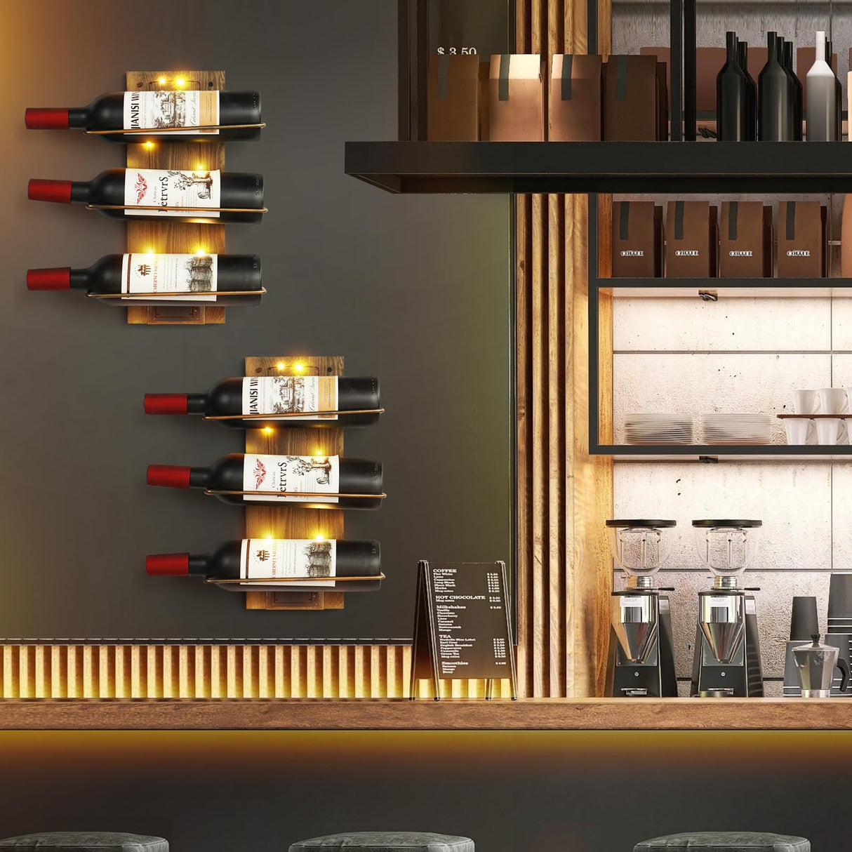 Taprion Wine Rack Wall Mounted Wood LED Light Wine Rack for 9 Wine Bottles - Elegant Wine Storage Solution for Kitchen, Dining Room, Home Bar, Wine Cellar Taprion