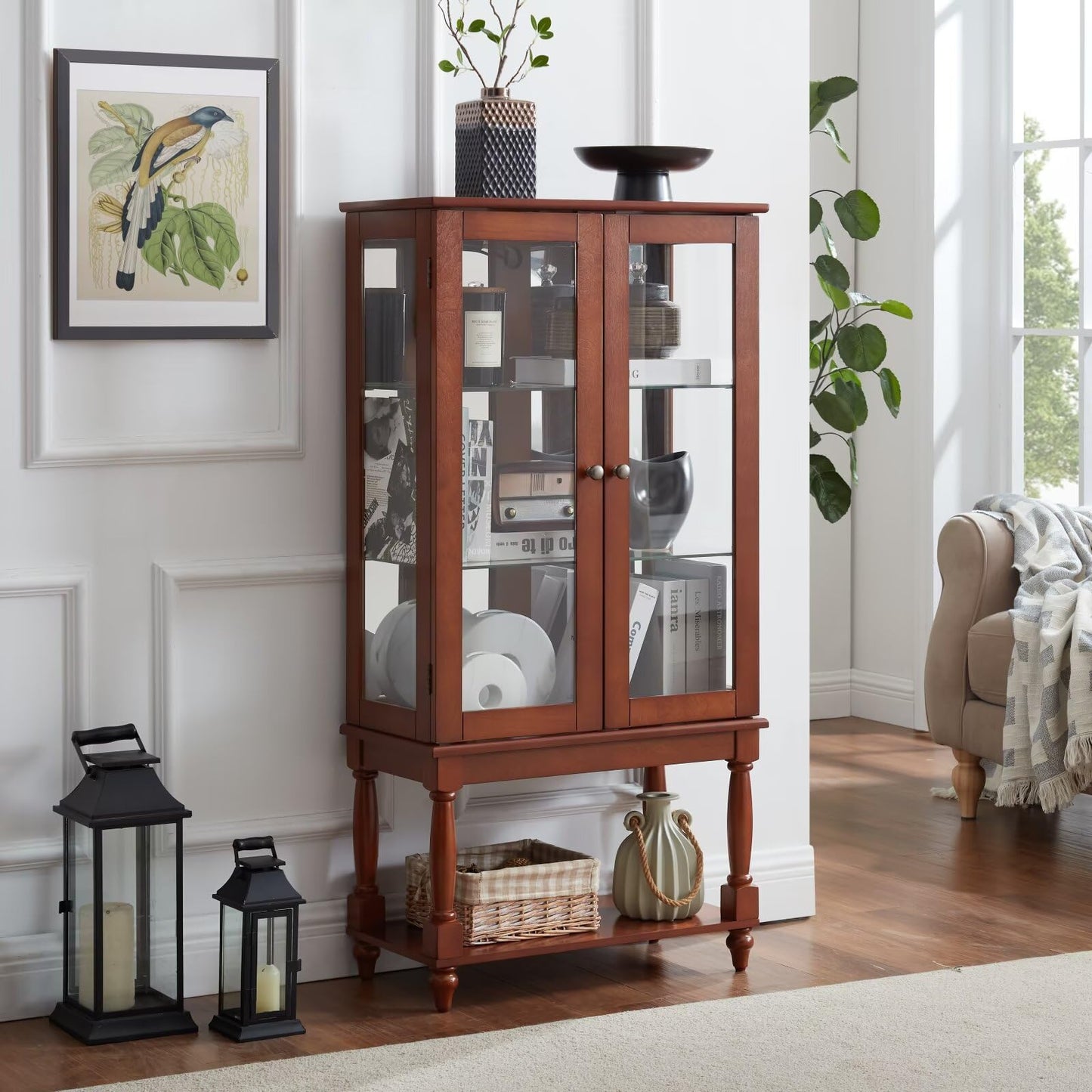 48"H Curio Cabinet Lighted Curio Diapaly Cabinet with Open Storage Space,Solid Wood Legs and adjustable Shelves,Acrylic Mirrored Back Panel,Tempered Glass Doors,3 Tier and one open space,Walnut