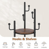 Hoctieon Coat Rack Freestanding, Round Coat Rack with 3 Wooden Shelves and 1 Fabric Basket, Metal Clothes Tree with 5 Hooks, Coat Hanger Stand for Clothes, Hats, Bags, Brown and Black Hoctieon