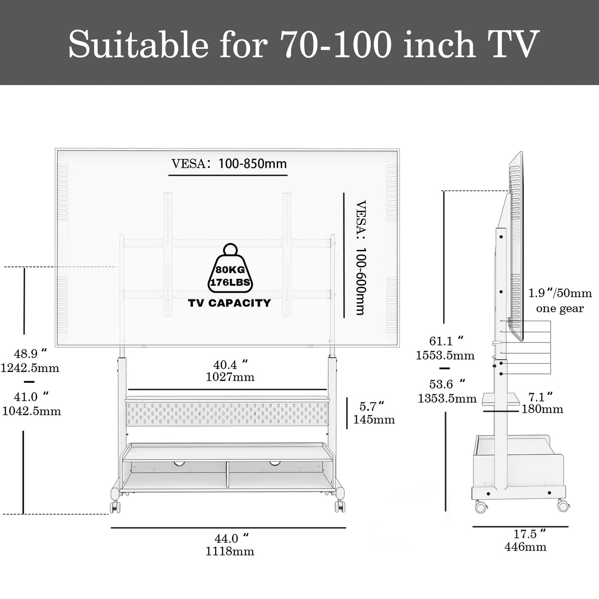 FITUEYES Rolling Floor TV Stand Mount for 70-100 Inch Large LCD/LED TVs TV Cart Heavy Duty Hold Up to 176 lbs Mobile Corner Stand with Mount for LCD/LED Flat Curved Screens with Wooden Large Storage FITUEYES
