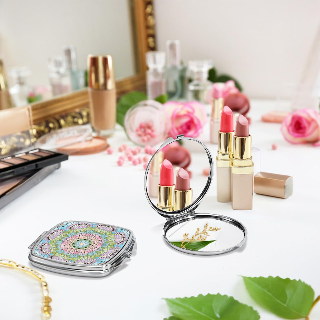 Acshio 8 Pack Sublimation Pocket Mirror, Mini Metal Folding Compact Makeup Mirror, Portable Double-Sided Magnifying Travel Cosmetic Mirror for Purse Women Gift Daily Use Acshio