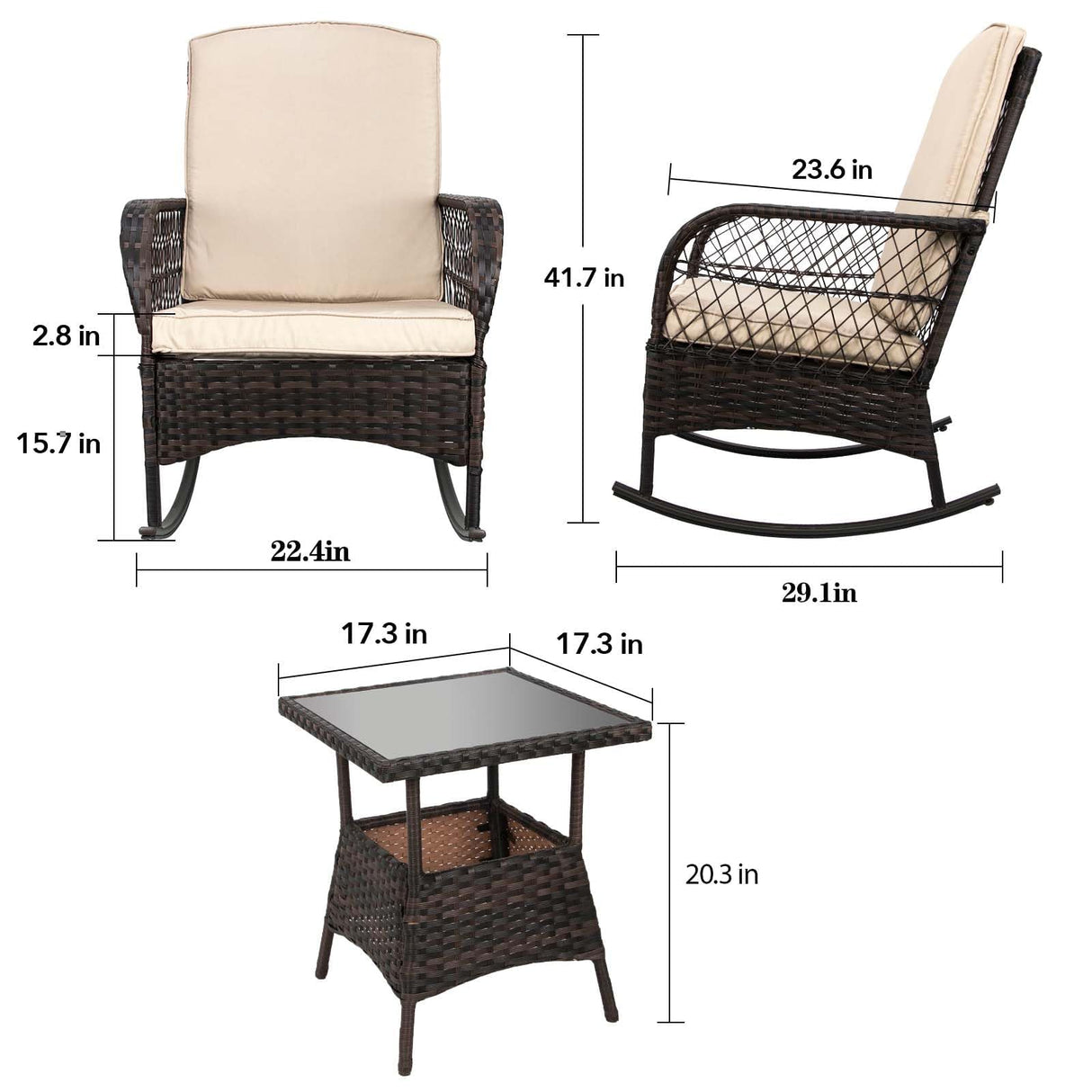LEVELEVE 3 pcs Rocking Bistro Set Conversation Chairs PE Wicker Outdoor Rocking Chairs & Glass Table,for Porch Lawn Garden Backyard Deck(Rocking Set,Khaki) LEVELEVE