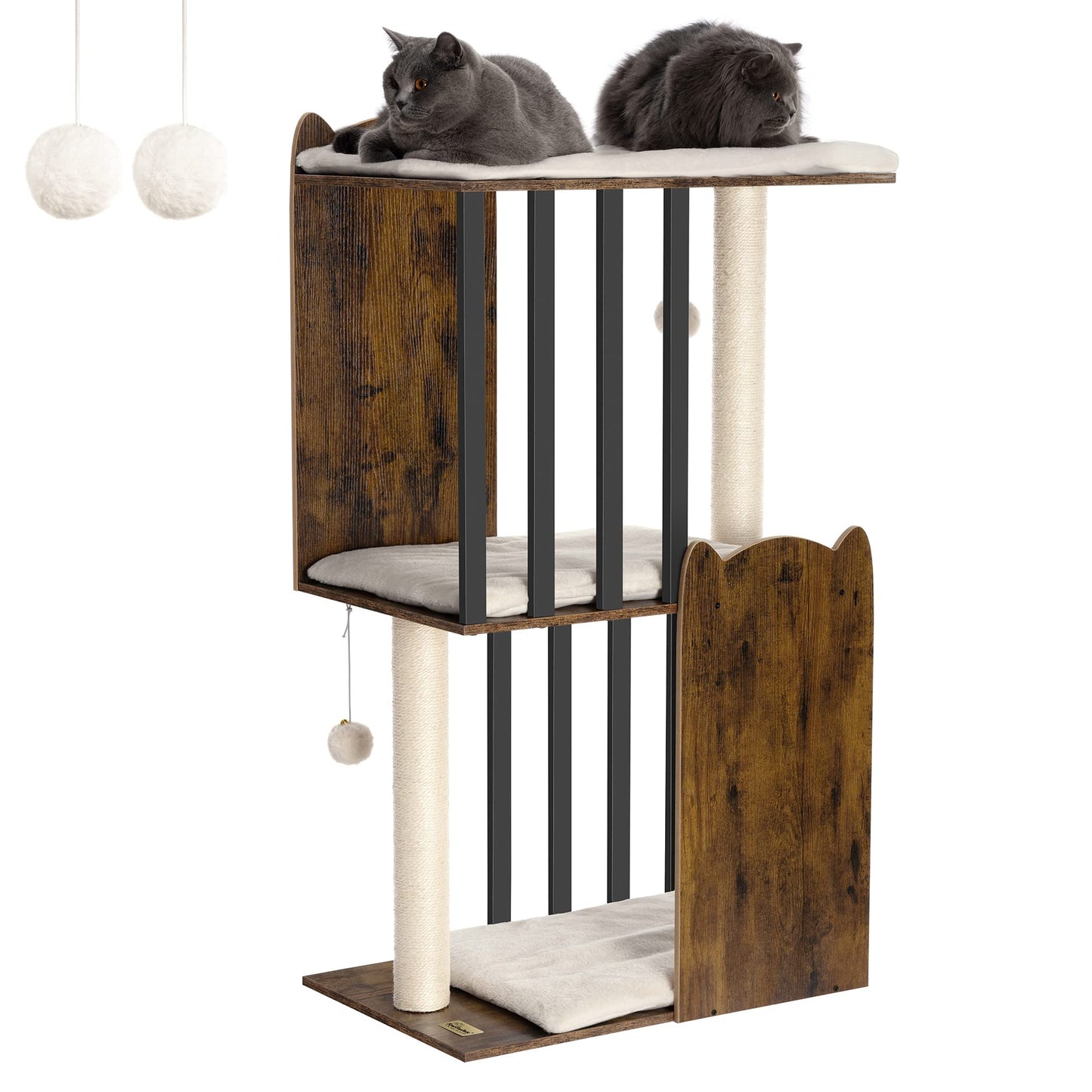 FourFurPets 43.8in 3-Tier Modern Cat Tree Tower Condo, Cat Scratch Posts for Indoor Cats, Big Plate, Two 19.7in Full Sisal Scratching Posts, Rustic Brown - WoodArtSupply