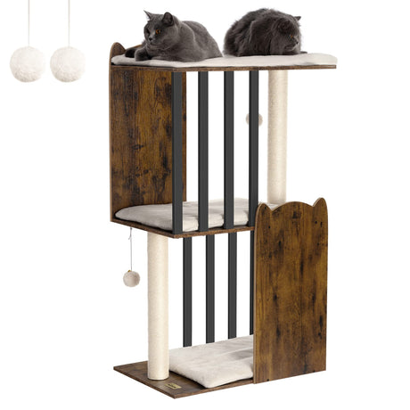 FourFurPets 43.8in 3-Tier Modern Cat Tree Tower Condo, Cat Scratch Posts for Indoor Cats, Big Plate, Two 19.7in Full Sisal Scratching Posts, Rustic Brown FourFurPets