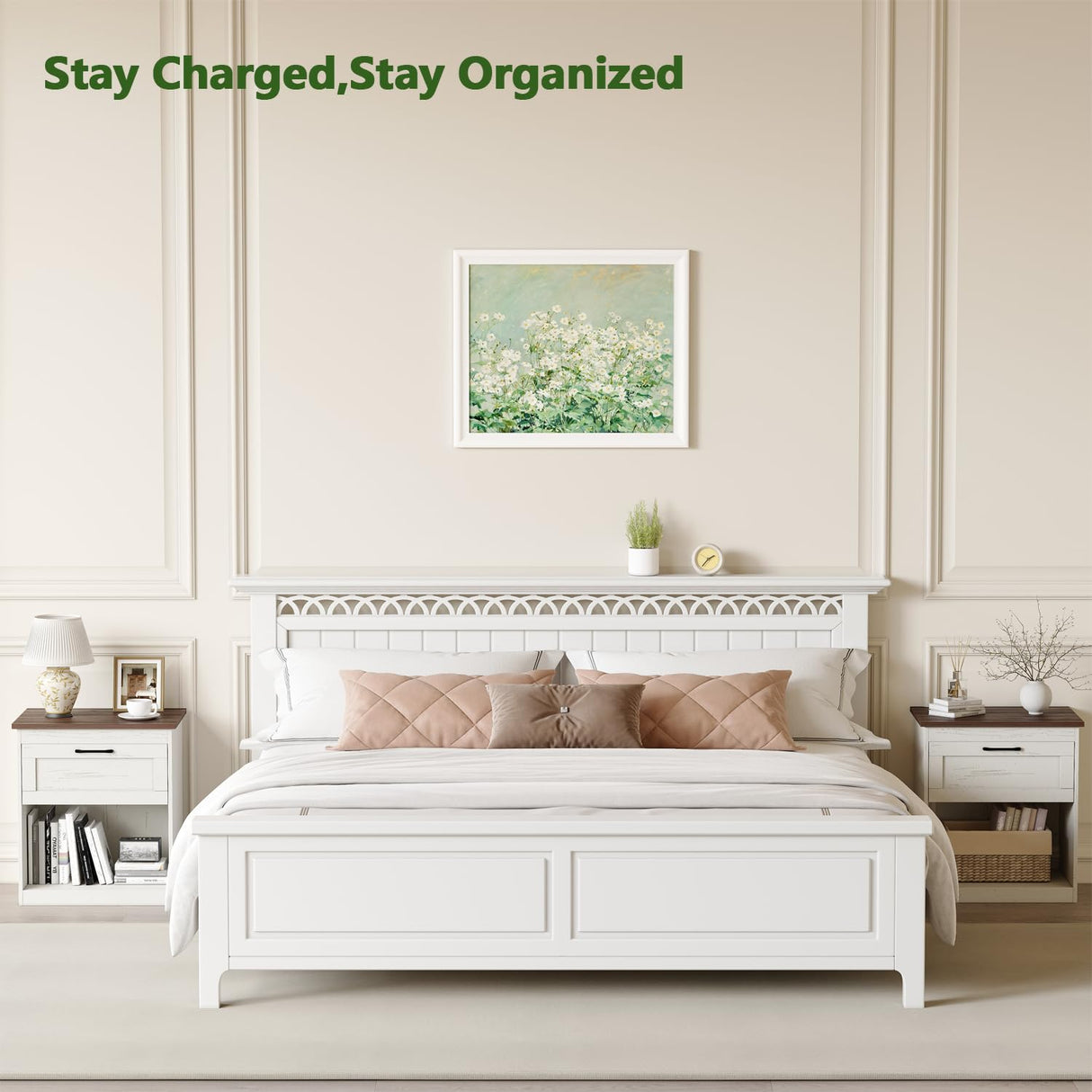 Vikiullf Farmhouse Nightstands Set of 2, Bedroom Night Stand with 1 Drawers, Wooden Bedside Tables 15.6" D x 18.7" W x 21.26" H, White and Brown Wood Grain Finish Vikiullf