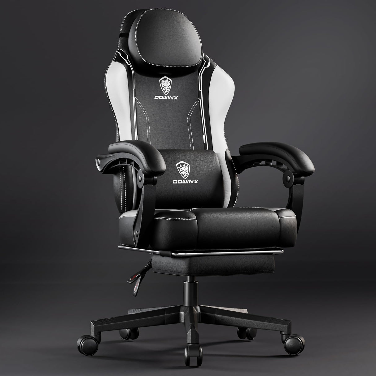 Dowinx Gaming Chair with Pocket Spring Cushion for Adults, Ergonomic Computer Chair with Footrest and Massage Lumbar Support, High Back Leather Game Chair for Office, Gaming, 300LBS, White Dowinx