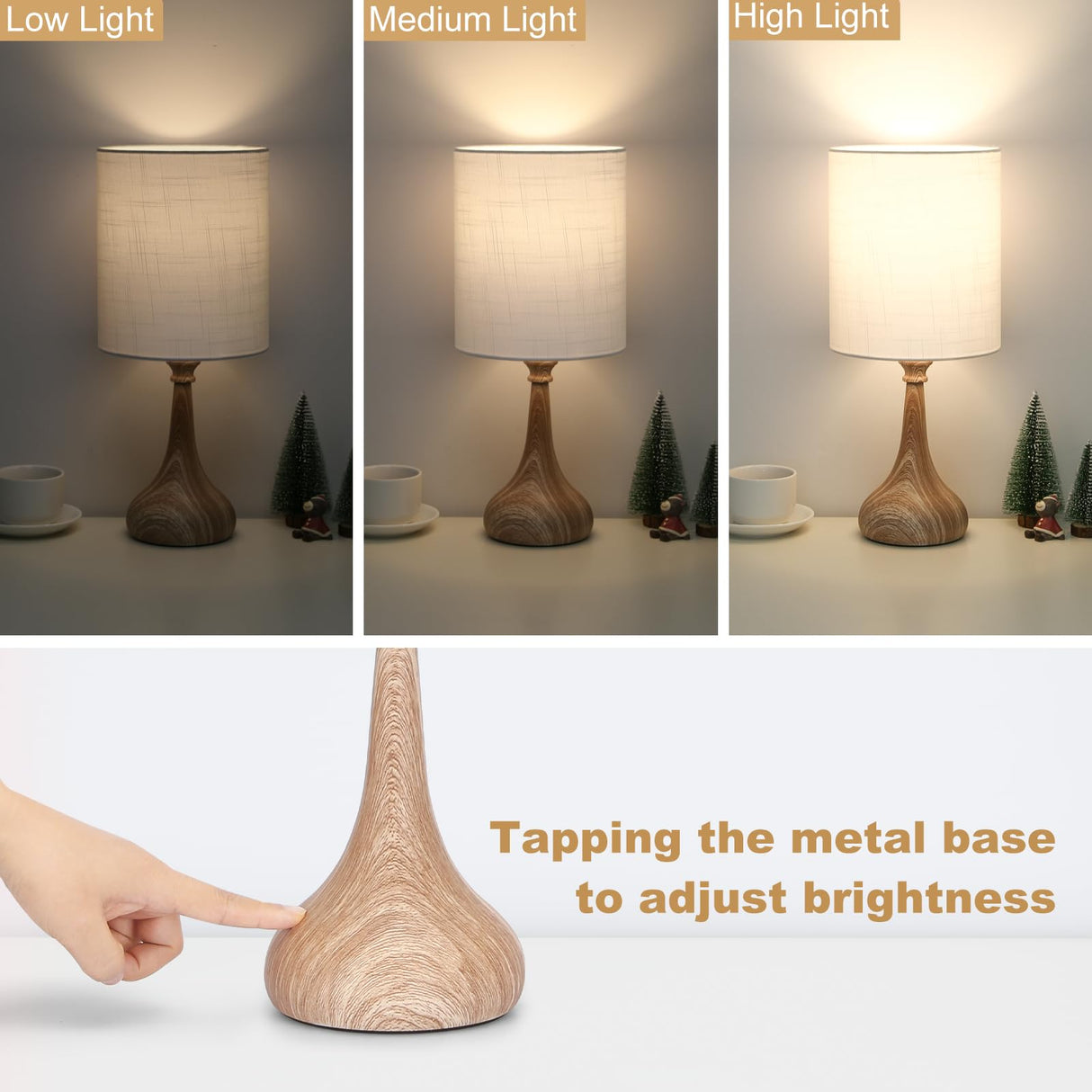 Dimmable Small Table Lamp, Bedside Lamps Touch Control for Bedrooms Nightstand with Wood Grain Base, Desk Lamp Night Light for Office Living Room, 9W 3000K LED Bulb Included Boncoo