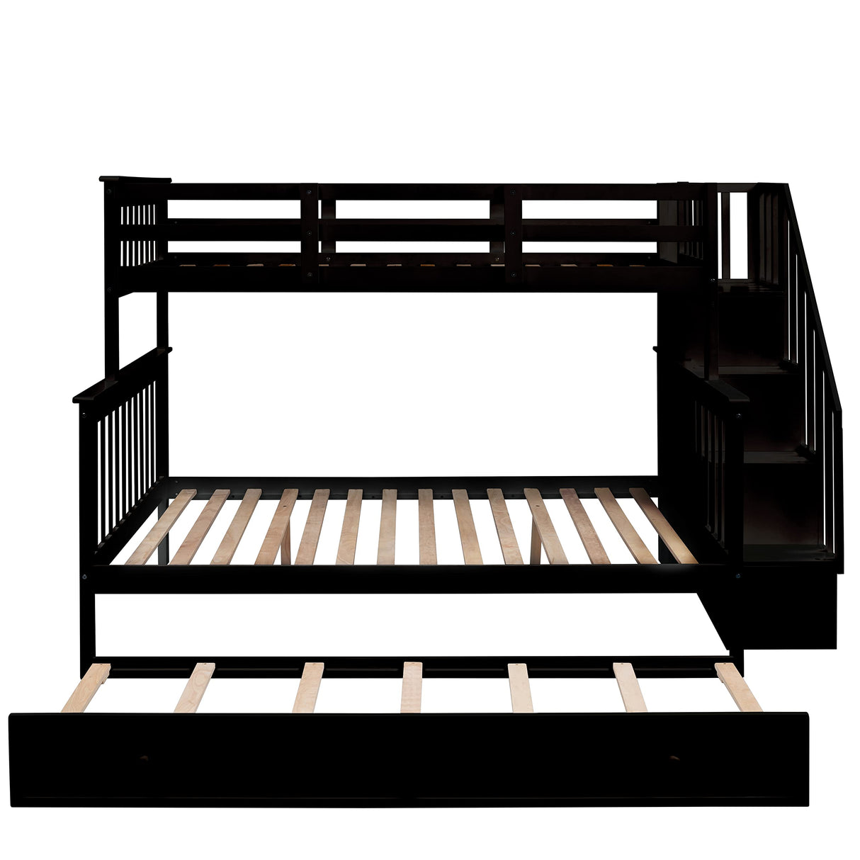 Merax Twin-Over-Full Stairway Bunk Bed with Trundle, Storage Staircase and Full Length Guardrail, Solid Wood Storage Bunk Bed with Trundle, No Spring Box Needed (Espresso) Merax
