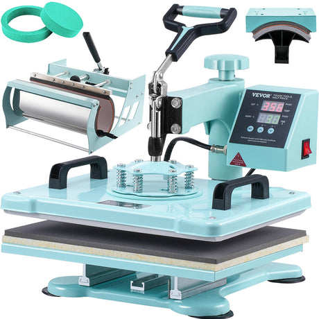VEVOR 5 in 1 Heat Press Machine with 30 OZ Tumbler Press, 12x15 inch 360° Swing Away T Shirt Press Machine, Sublimation Heat Press Machine for T-Shirts, Mugs, Hats, Plates, Green VEVOR