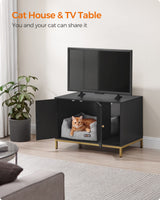 Feandrea Litter Box Enclosure, Modern Cat Litter Box Furniture Hidden, with Scratching Mat, Tall Legs, Cat House, Side End Table, 31.5 x 19.7 x 21.7 Inches, Black and Gold UPCL007B01 Feandrea