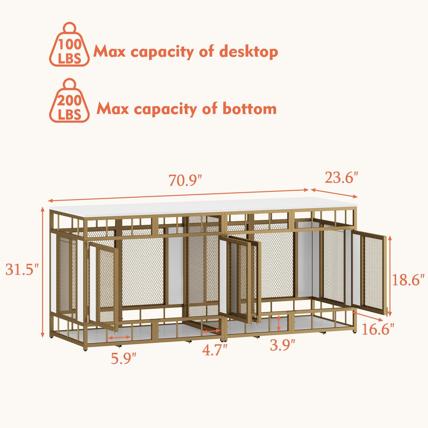 DAWNSPACES Furniture Dog Crate, 71" Heavy Duty Wood Dog Cage Kennel House Furniture with a Removable Divider, Indoor Dog Crate Table TV Stand with Double Doors for Large Medium Breed Dogs, White