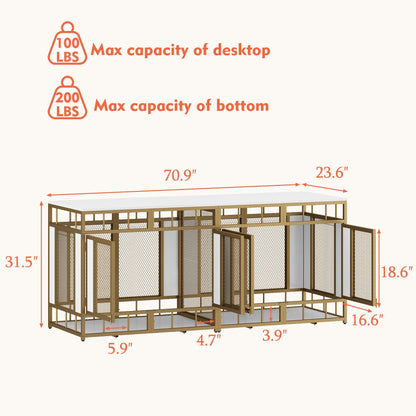 DAWNSPACES Furniture Dog Crate, 71" Heavy Duty Wood Dog Cage Kennel House Furniture with a Removable Divider, Indoor Dog Crate Table TV Stand with Double Doors for Large Medium Breed Dogs, White