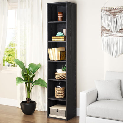 Tall Narrow Bookshelf – 6-Tier Cube Display Rack for Modern Home Office – Black Storage Cabinet by oneinmil - WoodArtSupply