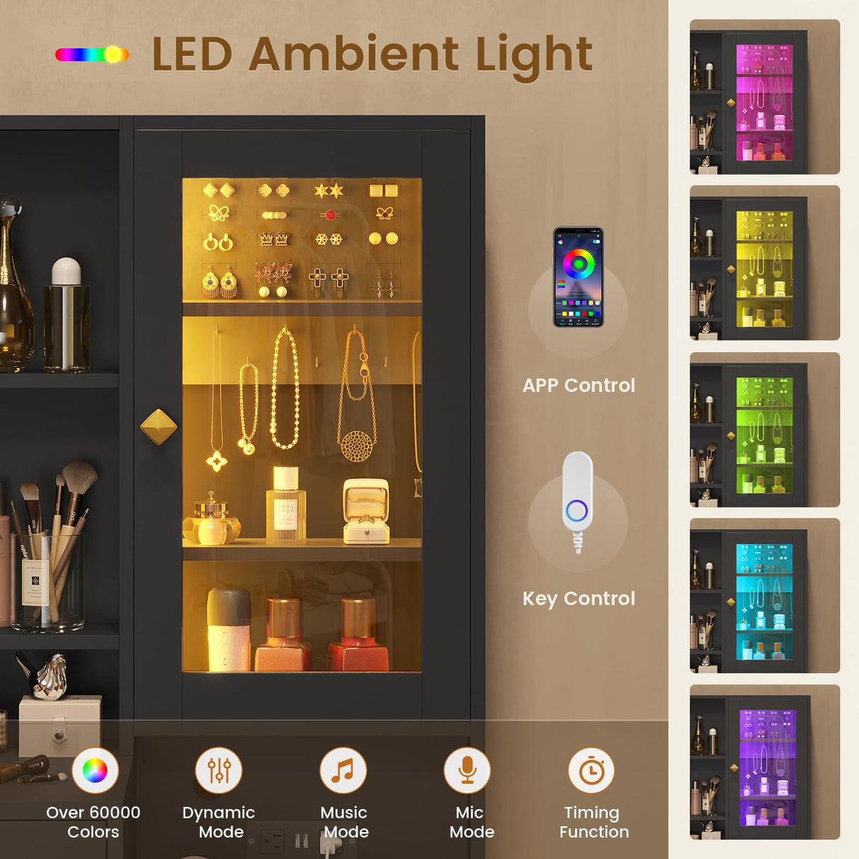 BTHFST Makeup Vanity with Upholstered Stool & Charging Station, Vanity Desk with Mirror and Lights & Jewelry Storage, Vanity Table Set with RGB Lights & 5 Drawers & Shelves, Black & Gold BTHFST