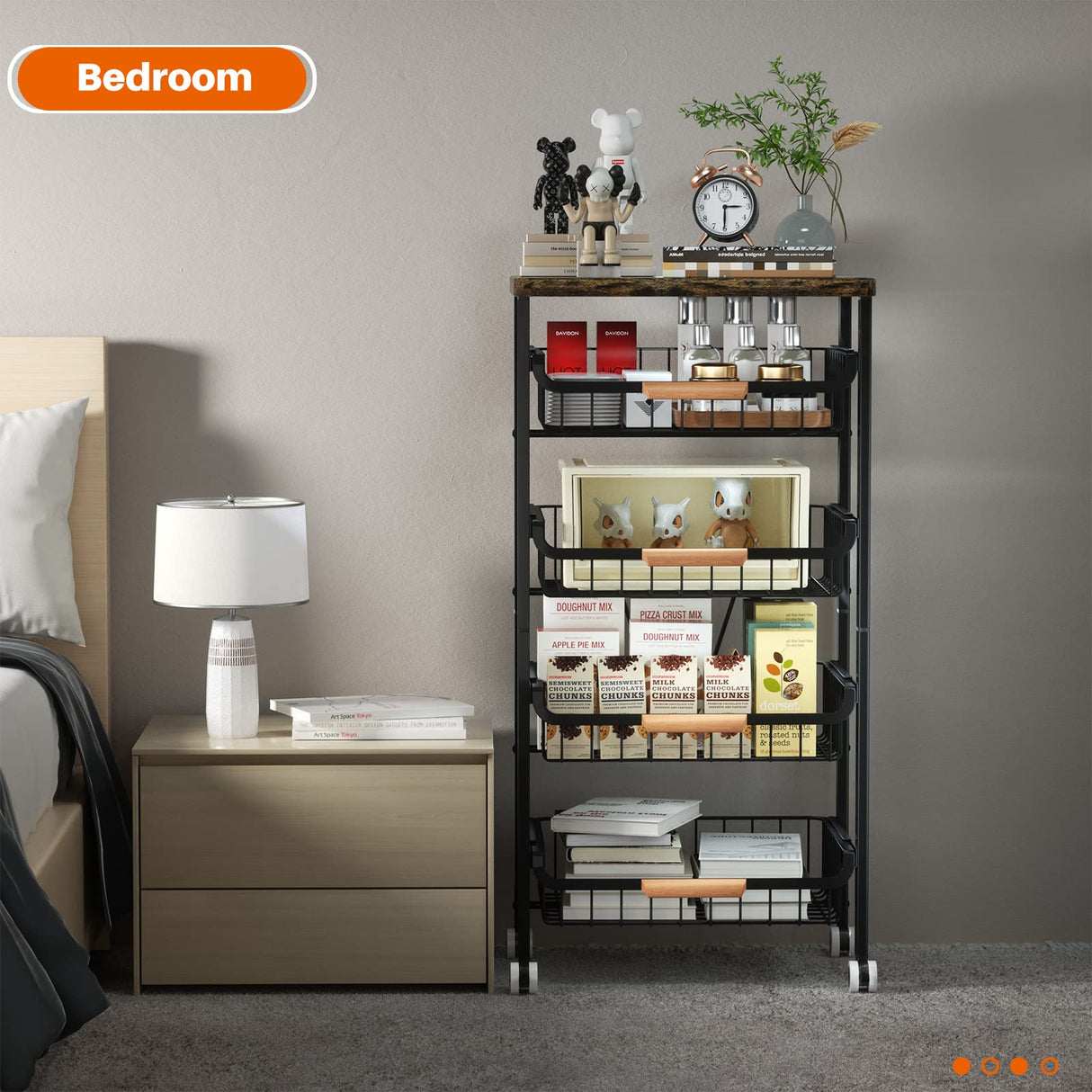 5-Tier Rolling Storage Cart with Wheels, Large Capacity Kitchen Cart, Mobile Utility Cart with Wooden Tabletop and Mesh Baskets, Bathroom, Laundry Room 7 code