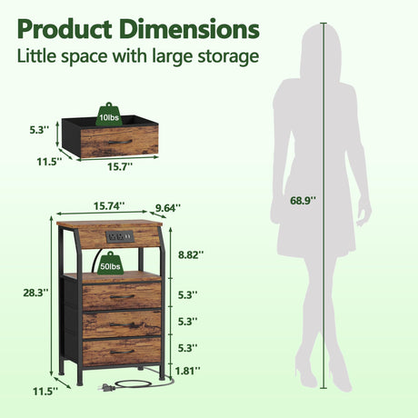 Furnulem Night Stand with Charging Station, USB Ports and Outlets, 28.3 Inch Tall Bedside Table with Wood Shelf, 3 Fabric Drawers Side Table for Bedroom, 3 Ways to Use, Rustic Brown Furnulem