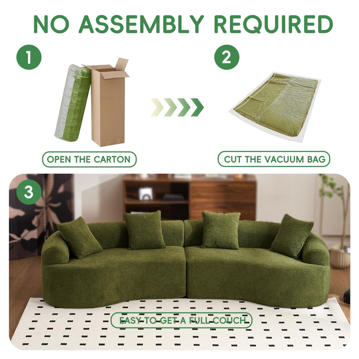 Quorflax 110.2" Curved Sectional Sofa,Luxury Wood Grain Chenille Fabric, Oversized Sectional Sofa,Compression Curved Couch for Living Room,No Assembly Needed (Green, 110.2 Inch) Quorflax