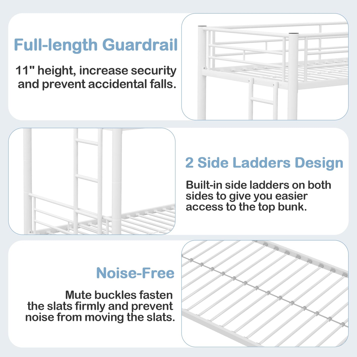 VECELO Twin Over Twin Bunk Bed with Trundle, Metal Bunkbeds with Ladder and Full-Length Guardrail, Noise Free, No Box Spring Needed, Off White