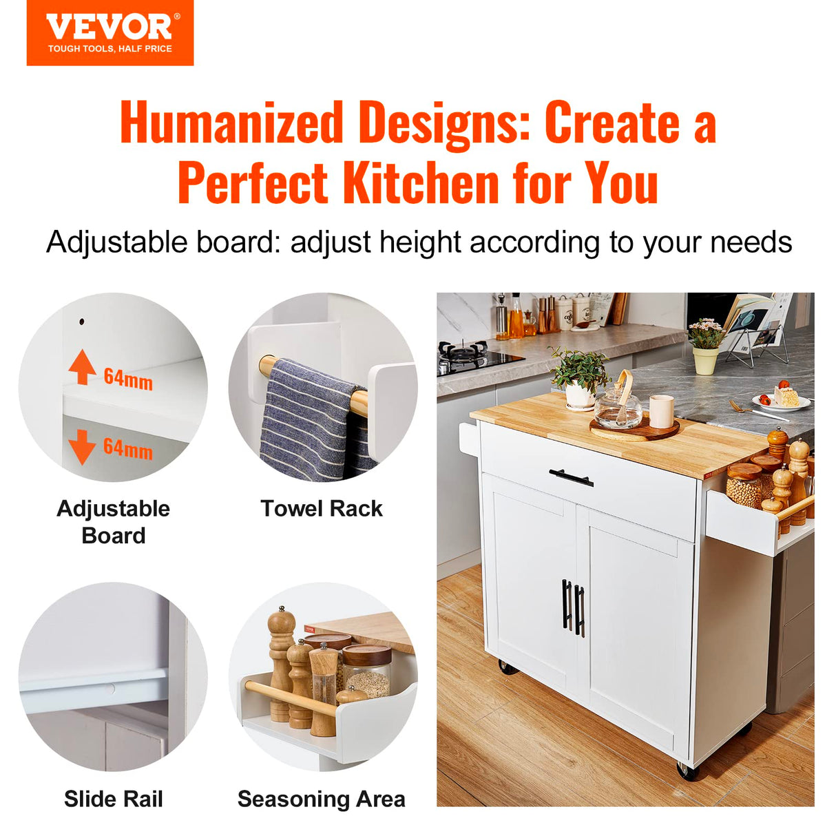 VEVOR Kitchen Island Cart with Solid Wood Top, 35.4" Width Mobile Carts with Storage Cabinet, Rolling Kitchen Table with Spice Rack, Towel Rack, Drop Leaf and Drawer, Portable Islands on Wheels, White VEVOR