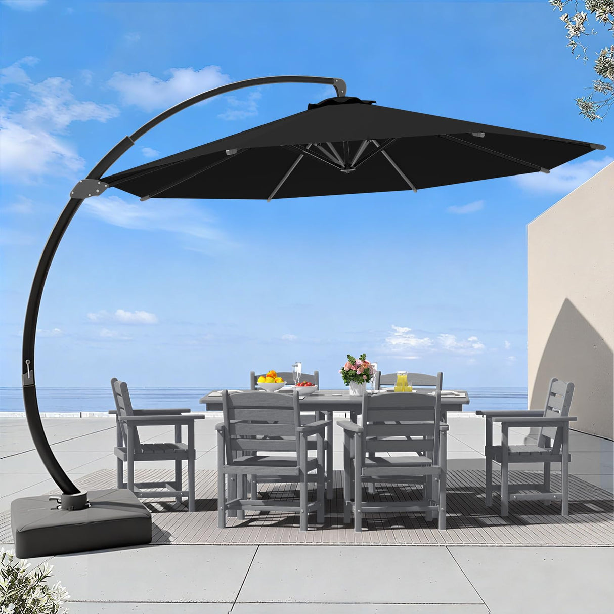 AreShark 7 Piece Patio Dining Set with 11ft Patio Umbrella (Black), 7 Gray Outdoor HDPE Dining Set with 6 Chairs + 1 Large Table with 2" Umbrella Hole, for Market, Pool, Garden, Backyard, Deck AreShark