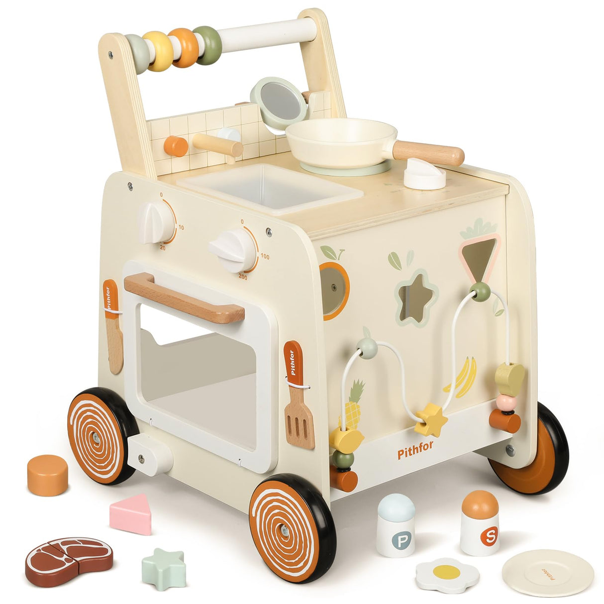 Pithfor Wooden Baby Walker, 3-in-1 Baby Push Walker, with Pretend Kitchen, Montessori Sensory Activity Center, Push Walker Toys for Babies Learning to Walk, Sit-to-Stand Pithfor