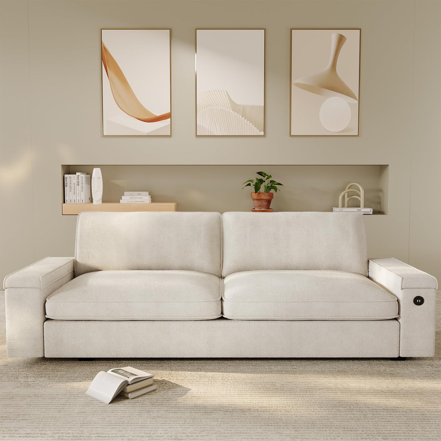 SEDETA Modern Sofas Couches for Living Room, Comfy Couch with Extra Deep Seats, Oversized Loveseat Sofa with Storage and 2 USB Charging Ports, Removable Sofa Cover(Beige Chenille)